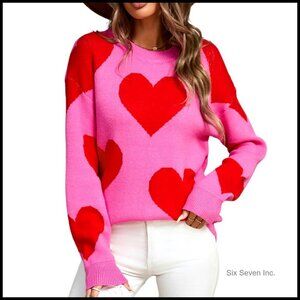 Y2K Heart Graphic Oversized Sweater Pullover Knitted Crew Neck Cute